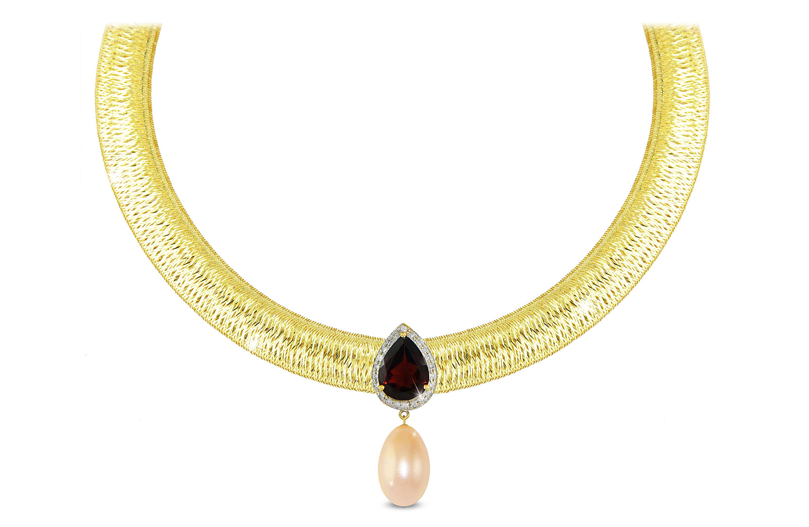 Vera Perla 18K Gold 0.12ct Diamonds, Garnet and 13mm Pink Pearl Necklace